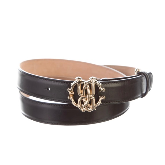 Roberto Cavalli Black Leather Logo Plaque Monogram Buckle Belt Size Large